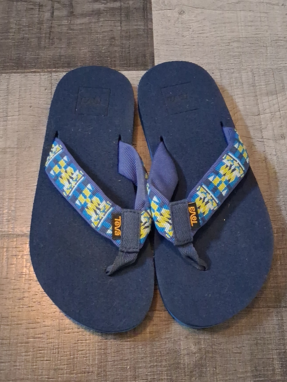 Teva Kids Navy Blue Flip Flops with Yellow & Light Blue Patterned Straps